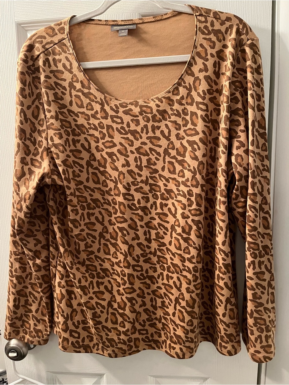 Style & Co. Tan and Brown Leopard Print Long Sleeve Scoop Neck Top